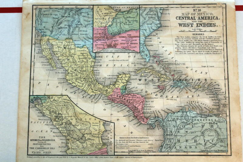1856 RARE BEAUTIFUL ANTIQUE MITCHELL ATLAS MAP OF CUBA-WEST INDIES-HANDCOLORED