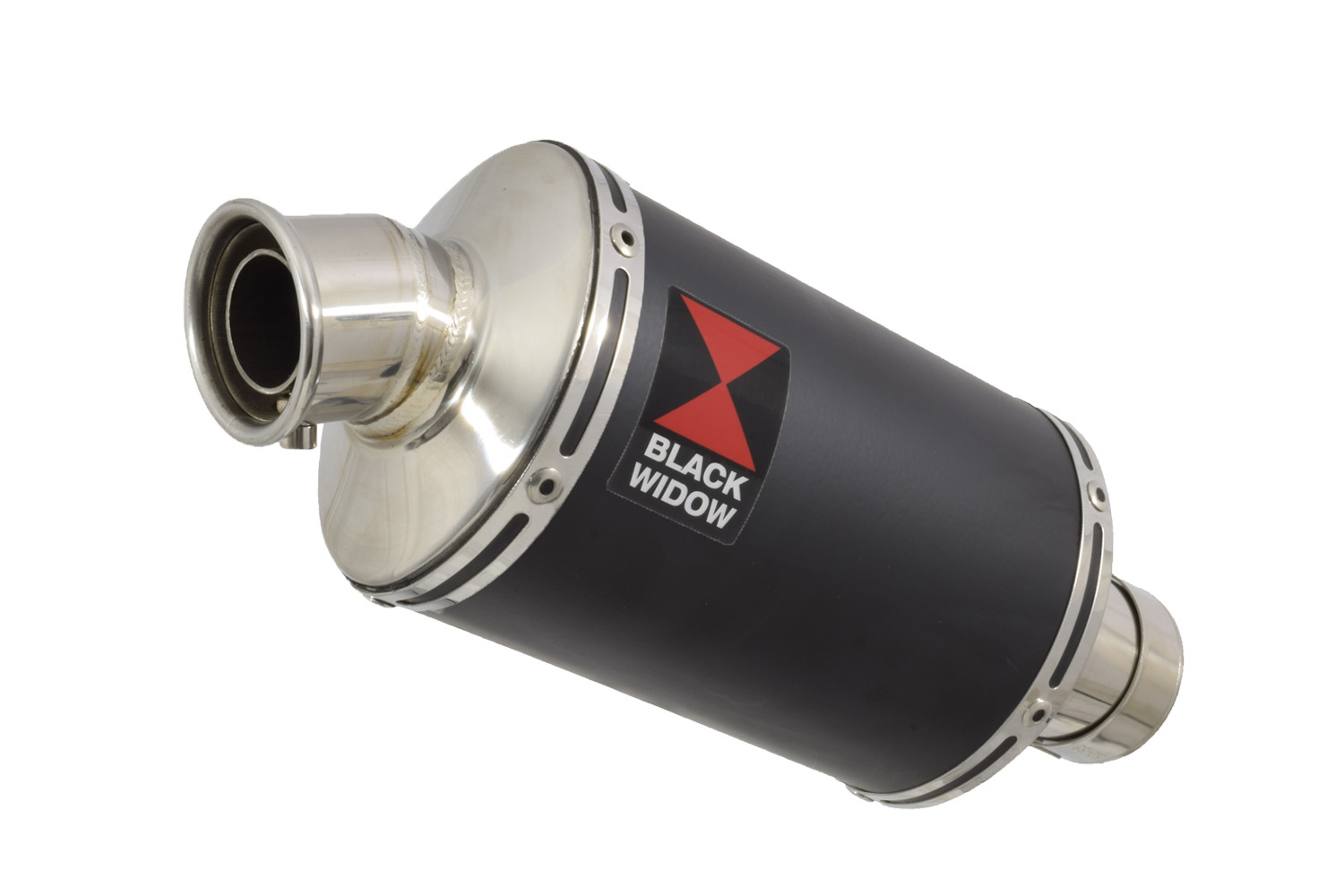 BLACK WIDOW BLACK STAINLESS EXHAUST SILENCER MUFFLER 230MM OVAL SLIP ON