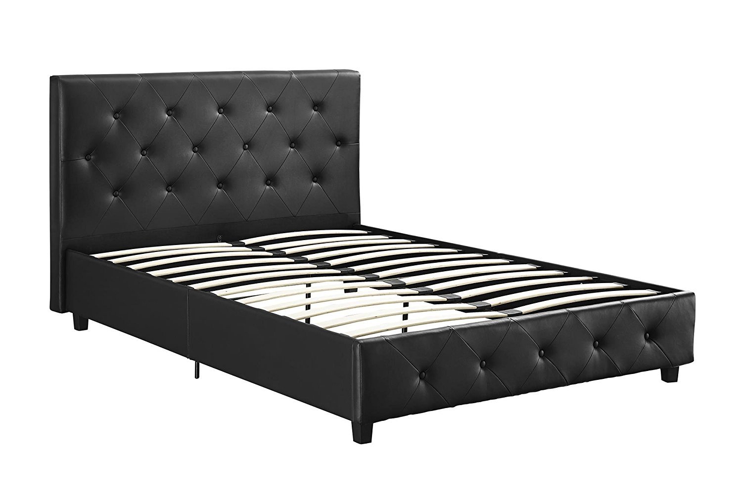Queen Faux Black Leather Platform Bed w/ Tufted Padded Headboard and Rails NEW!