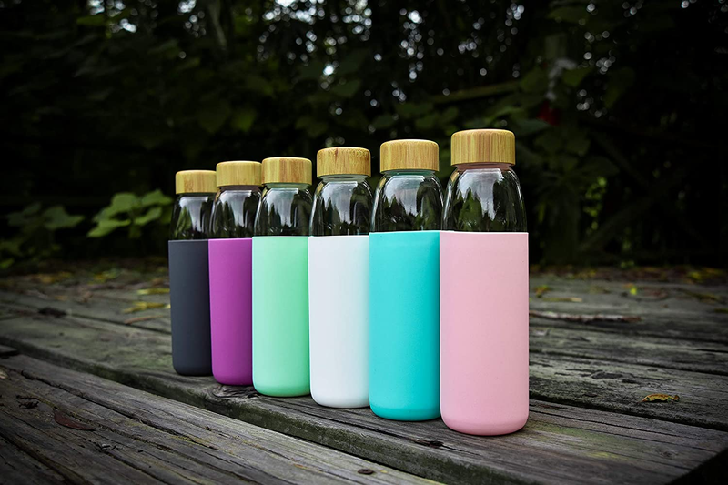 Glass Water Bottles 18 Oz Borosilicate with Bamboo Lid, BPA-FREE, Non-Slip Silic