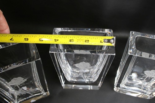 Orrefors crystal vase, etched with rose, Sweden 2 Left.