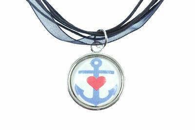 Anchor Necklace Chain Miniblings Cabochon Chiffon Ribbon 17 11/16in Blue Red