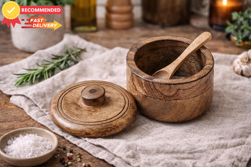 Rustic Wooden Salt Box Cellar with Spoon & Lid | Spice Keeper & Pinch Bowl