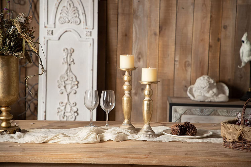 Antique Gold Candle Holders in Distressed Finish Rustic Farmhouse Set of 2