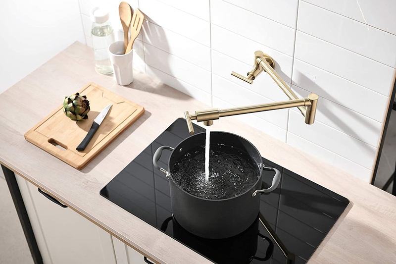 Pot Filler Faucet Wall Mount Brushed Gold Double Joint Swing Arms Single Hole