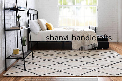 Handwoven Braided Rug Handmade White & Black Jute Rug Bohemian Rag Rug 3X5 Feet