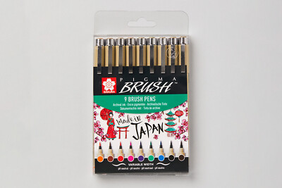 Sakura Pigma Brush Pen Wallet Assorted Colours Set of 9