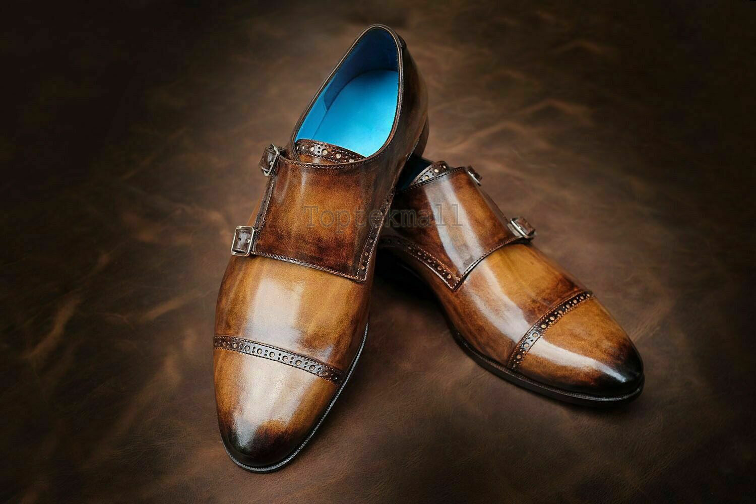 Pre-owned Handmade Men's Leather Patina Monk Straps Custom Made Dress Shoes-894 In Brown