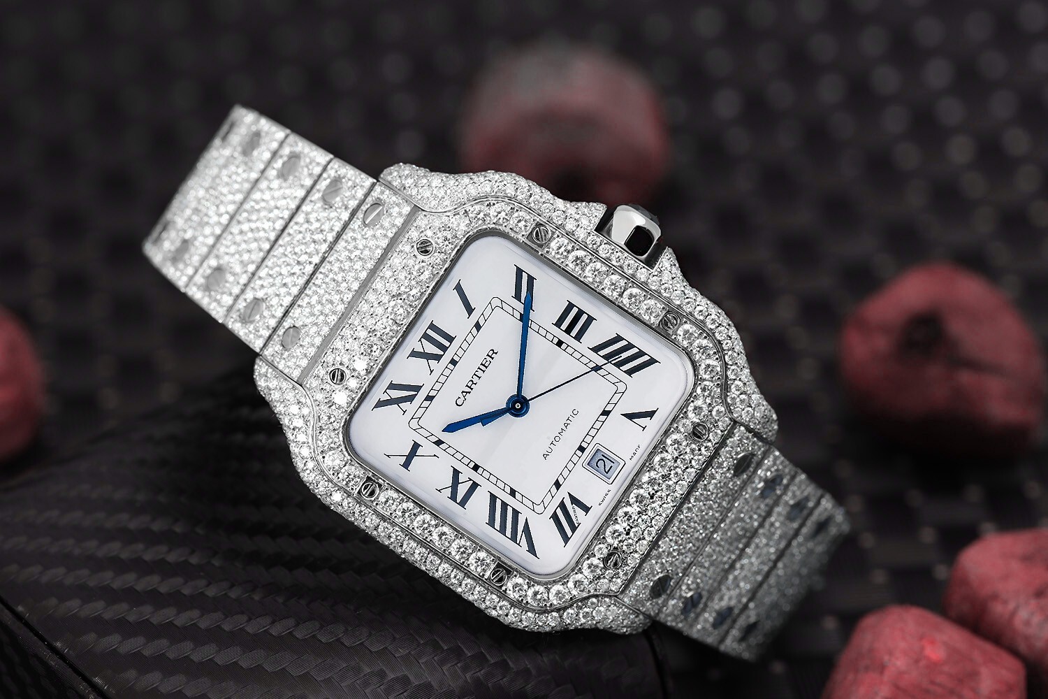 Pre-owned Cartier Santos De  Large Model Wssa0018 Custom Diamonds Stainless Steel