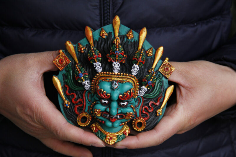 5.5" Tibet Buddhism Turquoise gilt sword skull Mahakala Mask statue 