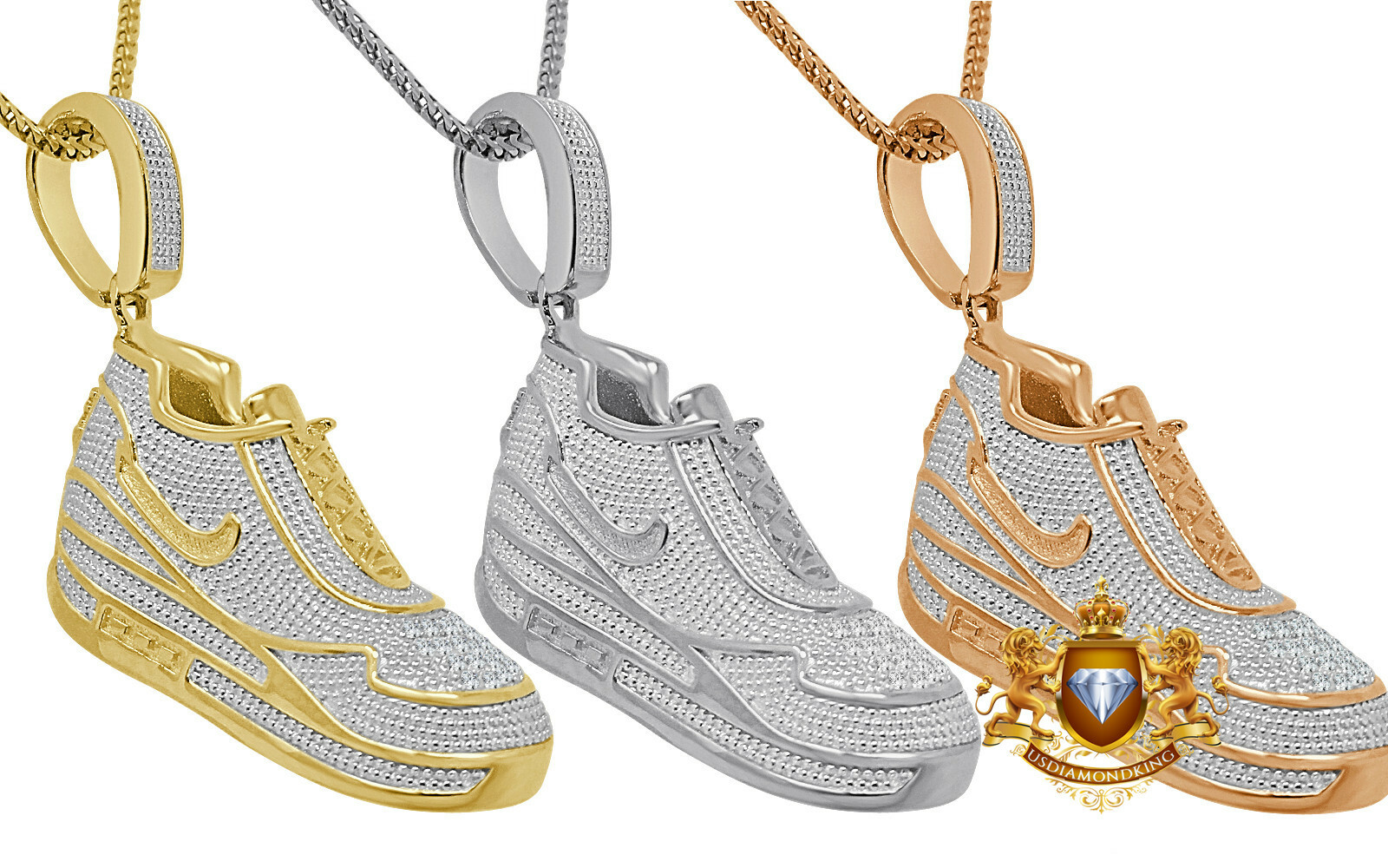 Pre-owned Us Diamond King Genuine Diamond Designer Shoe Pendant 2.10" Sneaker Charm 10k White Gold Finish In White/clear