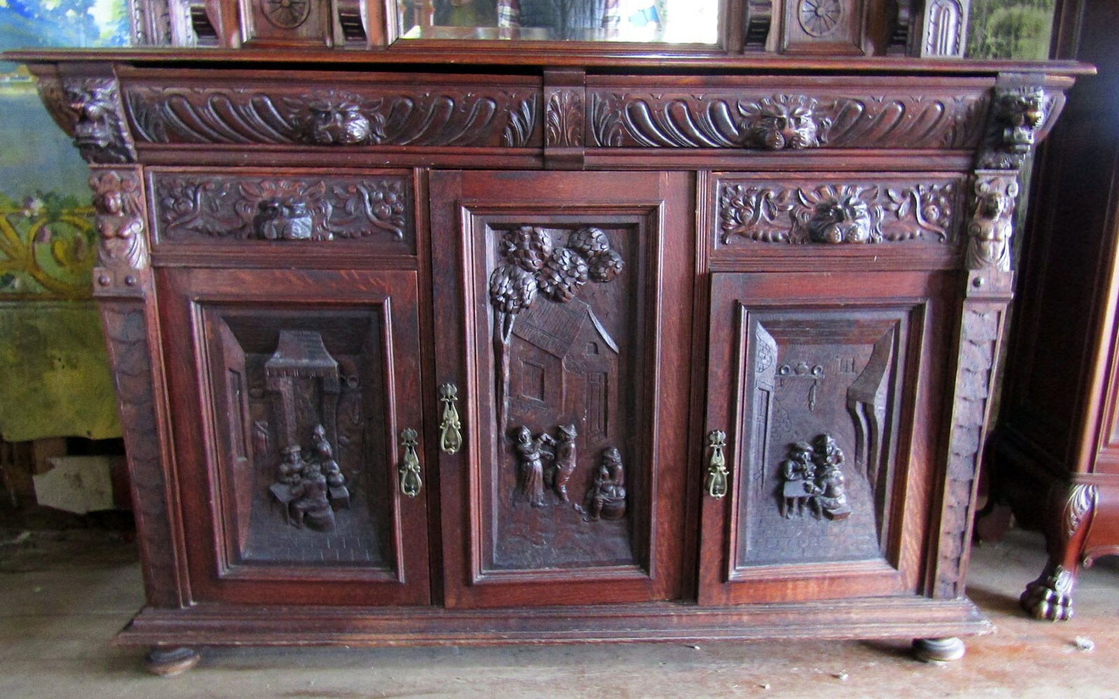 VICTORIAN QUARTERSAWN OAK FIGURAL SIDEBOARD LIONS MEN PLAYING INSTRUMENTS