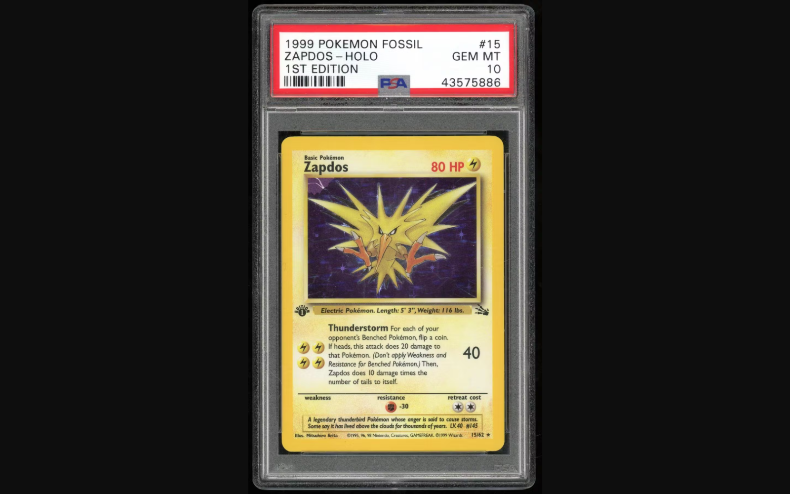 POKEMON PSA 10 GEM MINT 1ST EDITION ZAPDOS HOLO 15/62 FOSSIL POKEMON PSA 10 GEM MINT 1ST EDITION ZAPDOS HOLO 15/62 FOSSIL