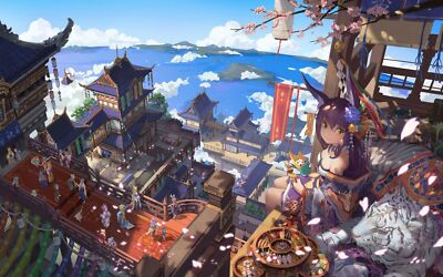 Anime girls city anime building animal ears tiger food playmat gaming mat