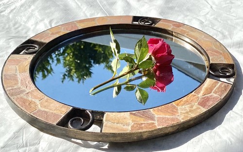 Pier One Mirrored Candle Plate In Brass & Stone Mosaic Rim