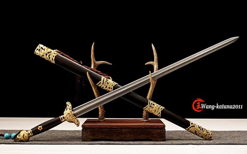 Exquisite Chinese Sword Damascus Steel Double Edge Dragon Phoenix Jian Ebony