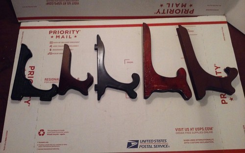 LOT OF 5, MIXED SIZES & MATERIALS OF PLATE STANDS, EASELS.