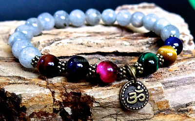 7 Chakra Bracelet Labradorite and Tiger Eye Om Charm for Energy Balance Healing