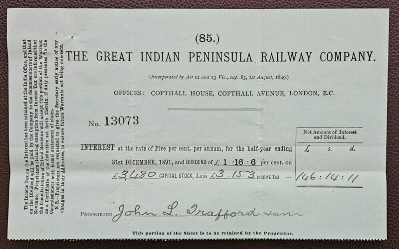 1891 The Great Indian Peninsula Railway Company  Dividend Document.