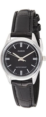 Casio LTP-V005L-1A Women's Standard Silver Tone Leather Band Black Dial Watch
