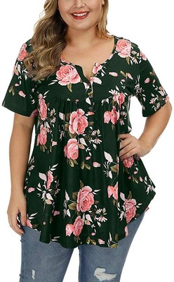 Allegrace Women's Plus Size Floral Blouses Henley V Neck Button Up Tunic Tops Ru