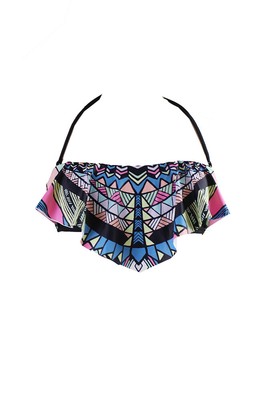 

Черный бикини-топ с оборками и разноцветным геопринтом Bikini Nation