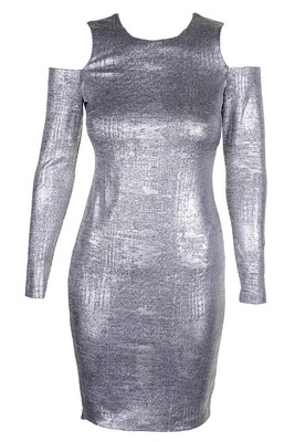 

Calvin Klein Petite Silver Metallic Платье-футляр с длинными рукавами и открытыми плечами, Серебряный