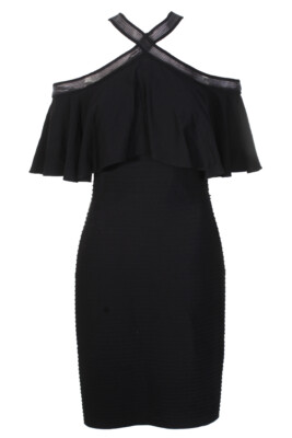 

Tadashi Shoji Criss -Облегающее платье длиной до колена с оборками и перекрестными плечами, Черный
