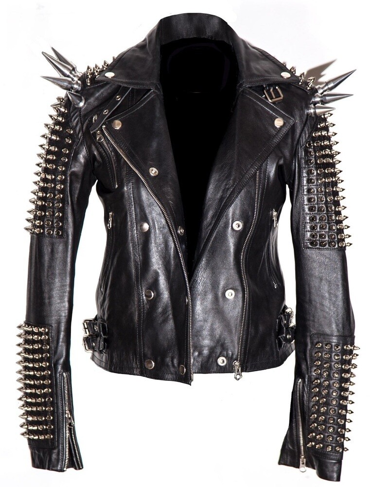 Pre-owned Handmade Men Silver Studded Jacket Black Punk Silver Long Spiked Leather Solid Heavy Stud