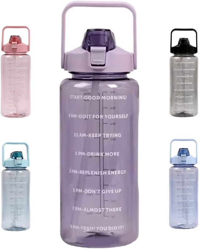 Motivational Clear  W/Timer Marker and Straw, 2L/64Oz BPA Free Wide Mouth-Leakpr