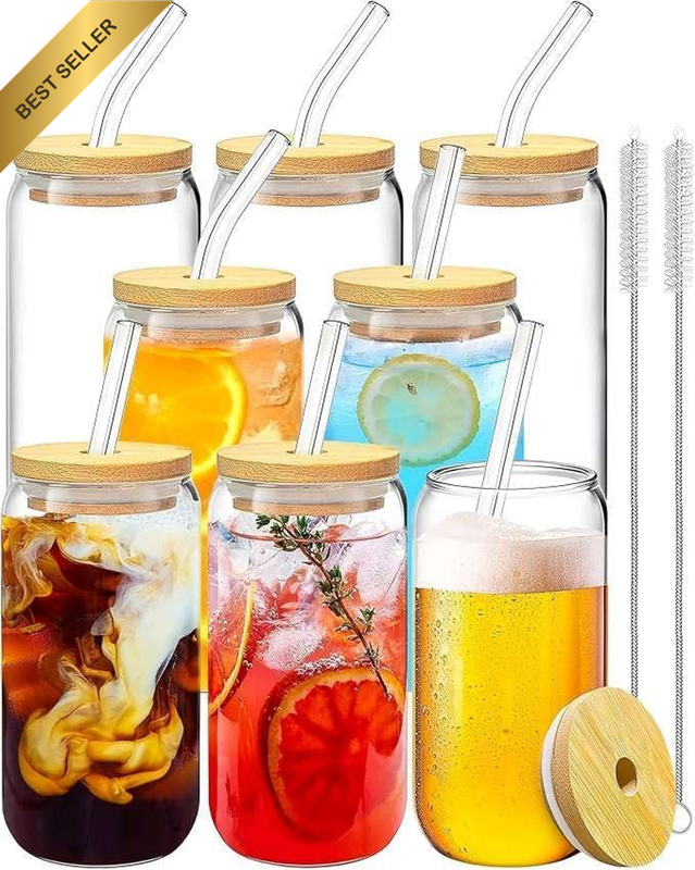 Drinking Glasses with Bamboo Lids and Glass Straws-8Pcs Set 500Ml Glass Cups for