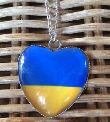 Ukraine Heart Love Support Blue Yellow Necklace Pendant Chain Ukranian Kviv UK