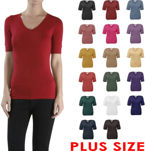 Junior Plus Size Elbow Sleeve V-neck Cotton T-shirt Top 1xl ~ 3xl