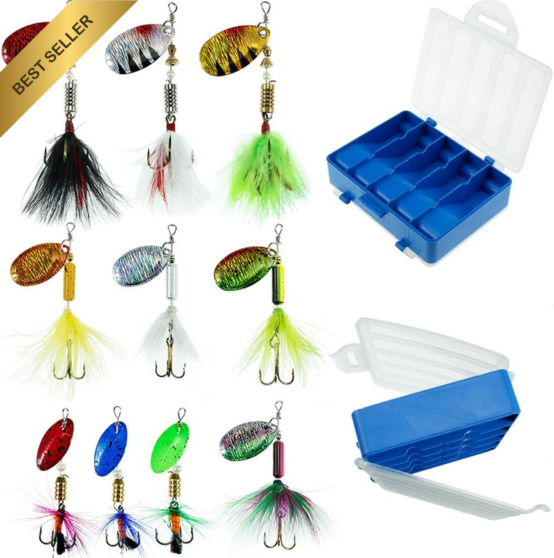 Fishing Lures 10Pcs Spinner Lures Baits with Tackle Box Bass Trout Salmon Hard M