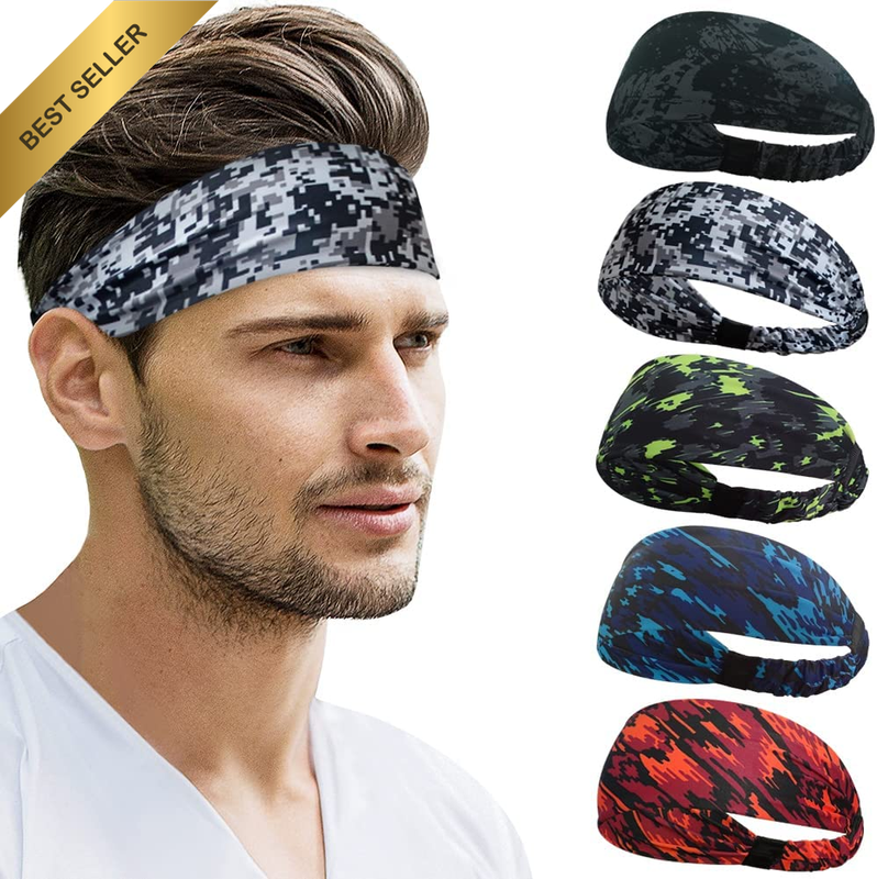 5 Pack Sports Headbands Moisture Wicking Elastic Non Slip Athletic