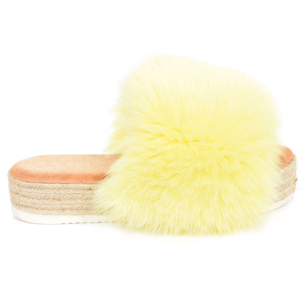 Pre-owned Fox Platform Slides With Braided Sole And Yellow  Fur High Sole Slippers With Fur