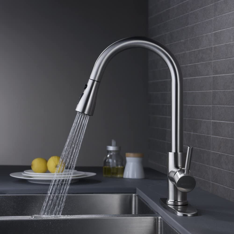 WEWE Single Handle High Arc Brushed Nickel Pull Out Kitchen Faucet,Single Level