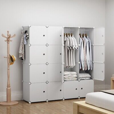 Portable Wardrobe Closet Cube Storage Armoire Plastic Dresser 4x4 Tiers White