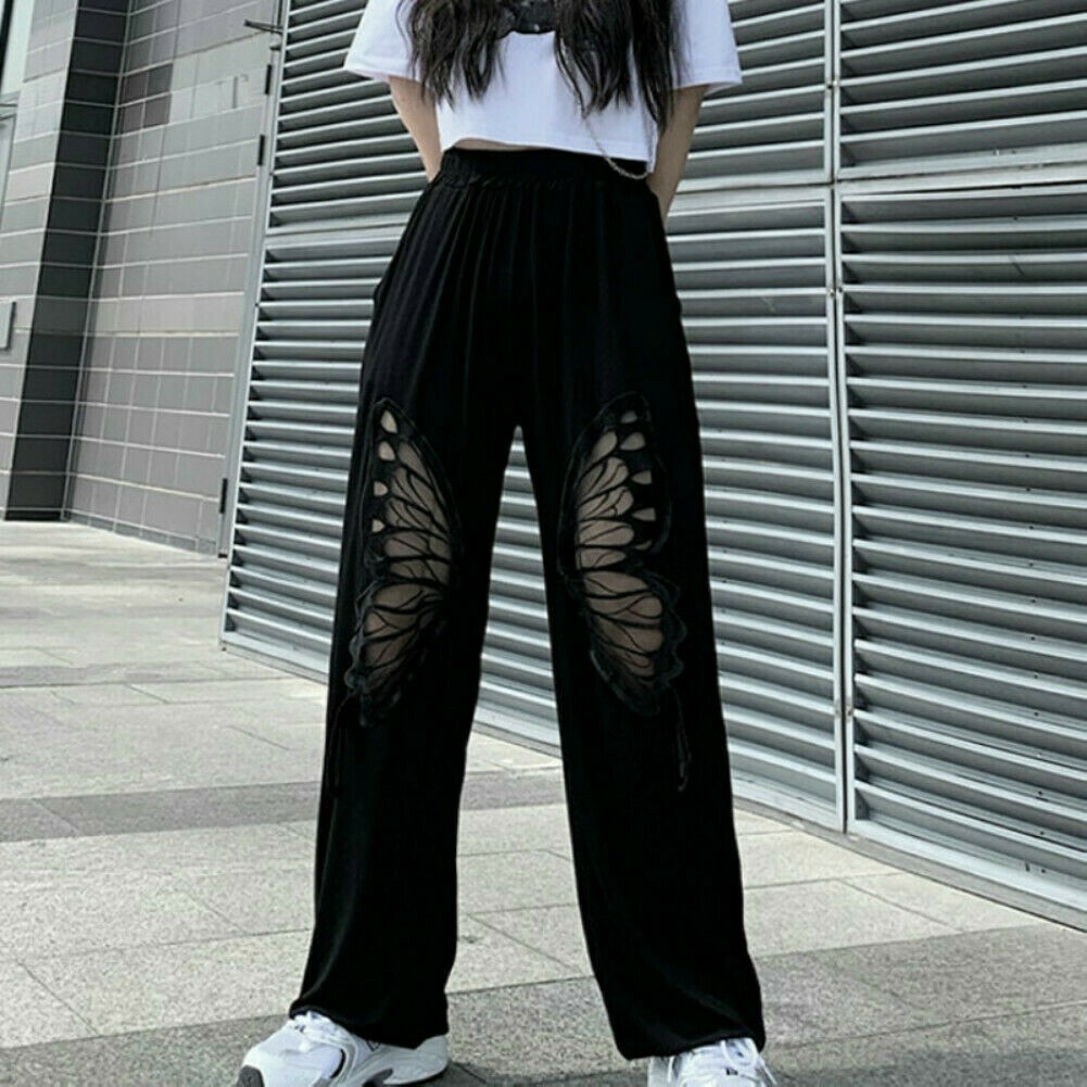 Damen Locker Hose Hohl Out Schmetterling Tiefer Gummibund Hip-Hop