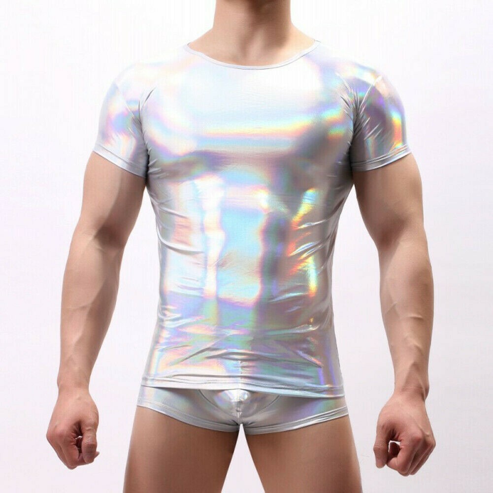 Mens Shiny Short Sleeve T-shirt Wet Look Stretch Top Tee shirt Dance Show SPW