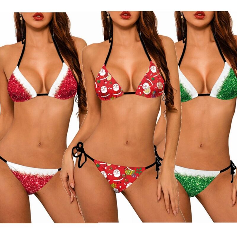 Women Christmas Print Bikini Set Halter Neck Self Tie Bras Briefs Swimwear Beach