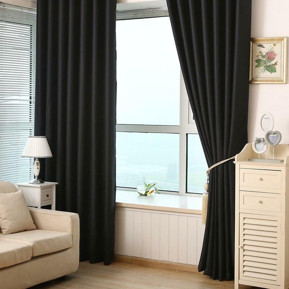Solid Black Blackout Curtains Window Door Curtain For Living Room