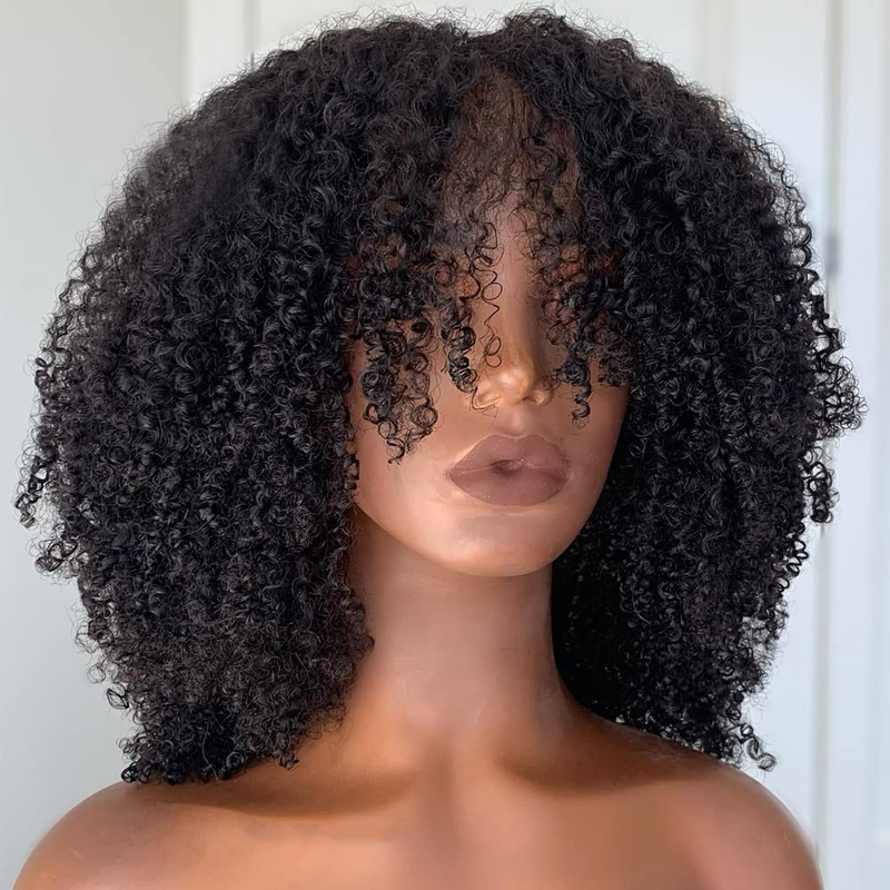 Afro Kinky Curly Human Hair Wig with Bangs Full Machine Made Scalp Top Wig Gluel