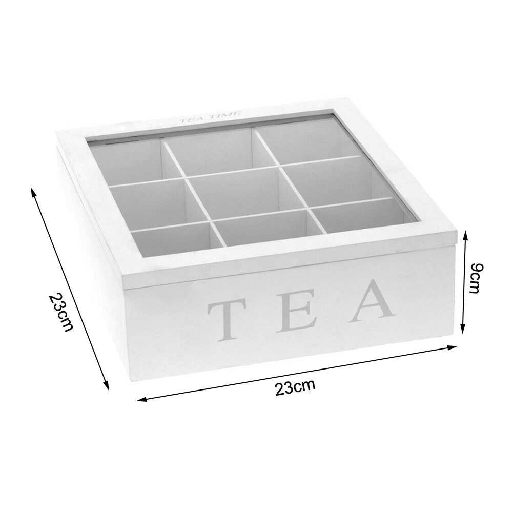 9 Section Wooden Bamboo Tea Box Clear Lid Compartments Container Bag Caddy Chest