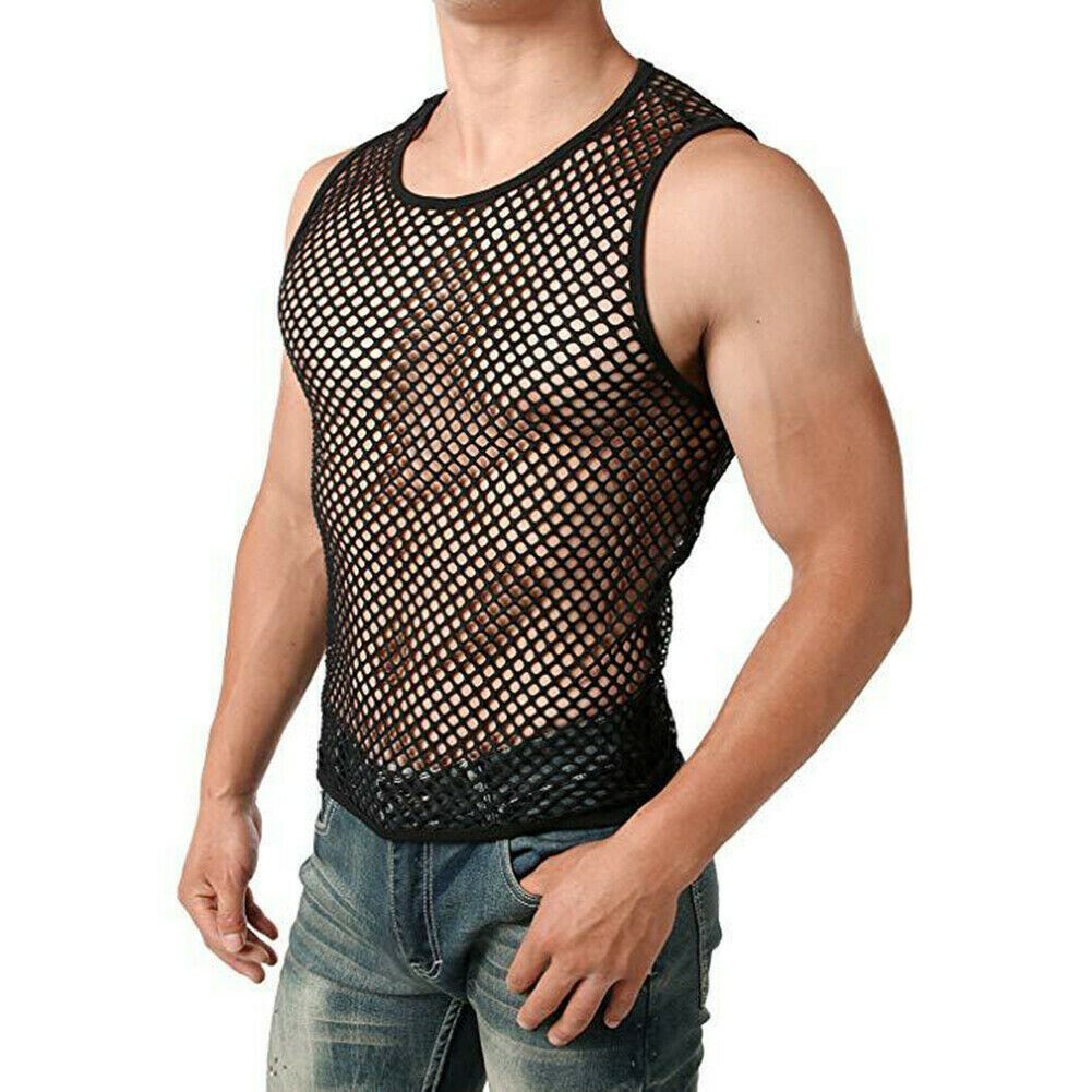 Herren Fischnetz Netz Durchsichtige Tanktop Hemd Punk T-Shirt Ärmellos