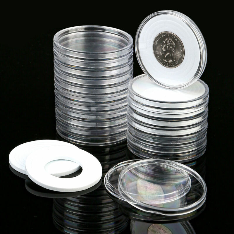 20Pcs Clear Plastic Coin Capsules Collection Case 5 Size with Adjustable Gasket