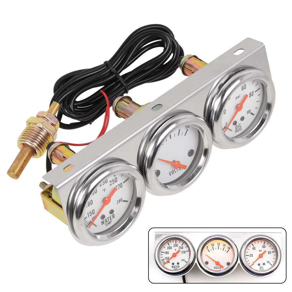 3in1 52mm 2" Chrome Car Triple Gauge Set Kit Water Temp Oil Pressure Volt Meter