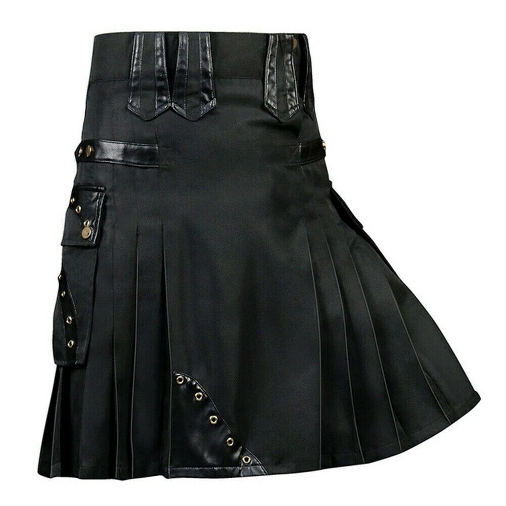 Lady Gothic Pleated Skirt Pocket Mens Scotland Skater Punk Retro Rave Black