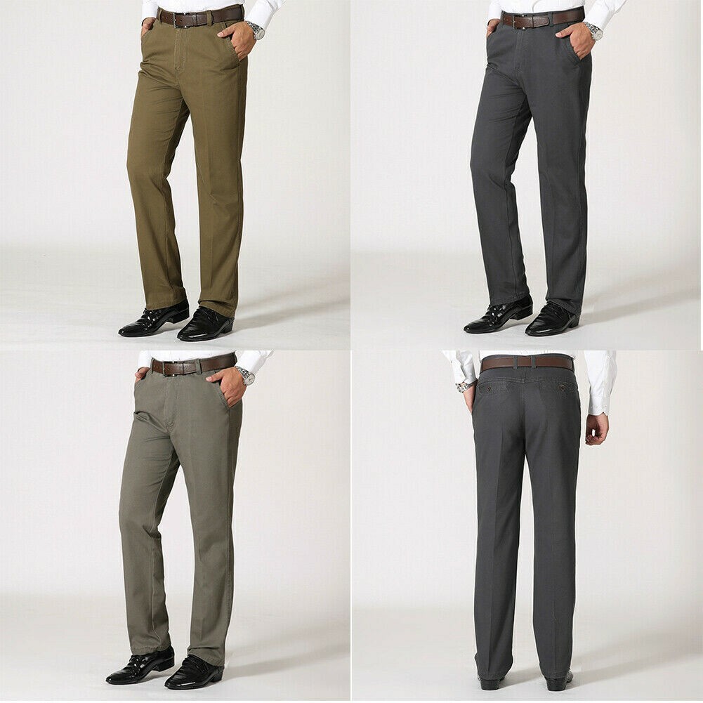 Mens 100% Cotton Office Trousers Straight Leg Casual Formal Smart  Pants