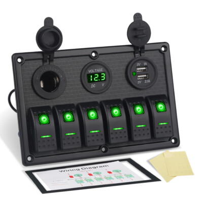 6 Gang Rocker Switch Panel Circuit Breaker LED Waterproof for RV Car Boat Marine